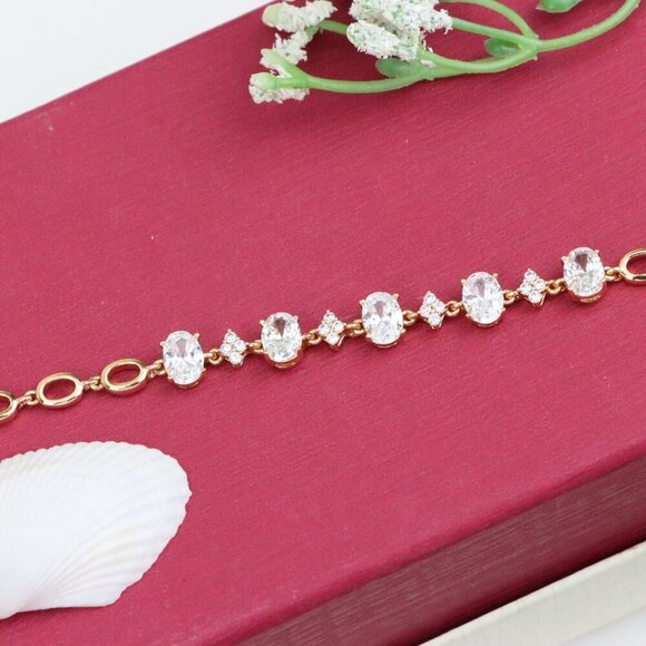 "Rose Gold Oval Cut CZ Bracelet with Sparkling Stone Clusters, XPBL0973 - Picture 1 of 12